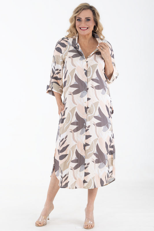 Raglan Button Through Maxi Dress | Abstract Floral