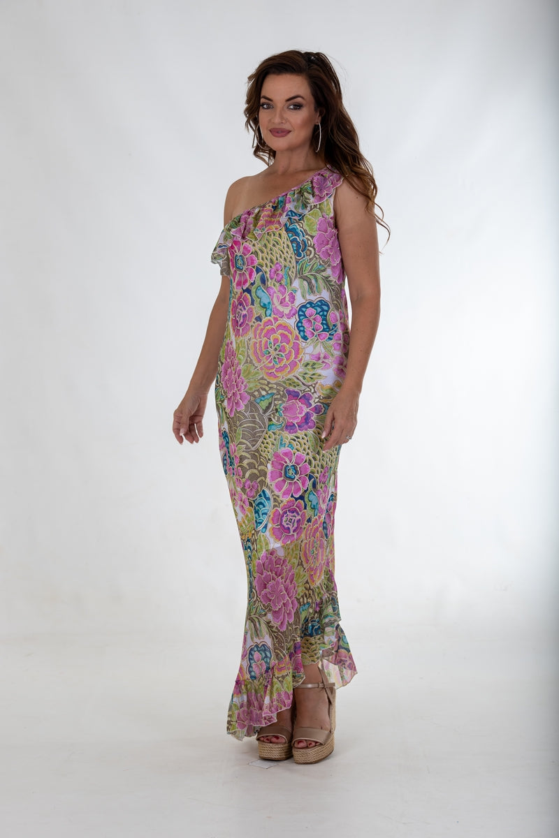 Sheer Asymmetric Maxi Flounce Dress