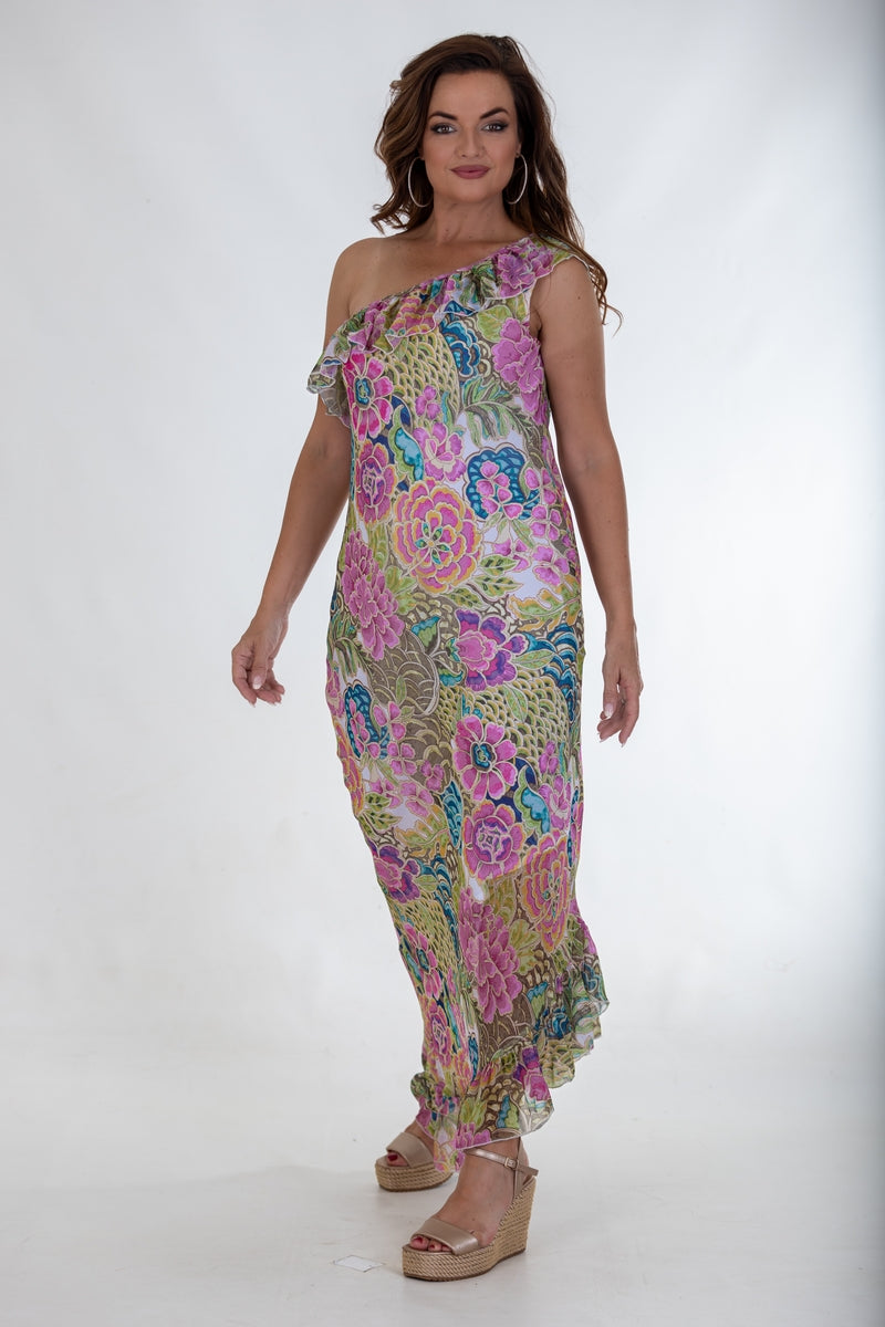 Sheer Asymmetric Maxi Flounce Dress