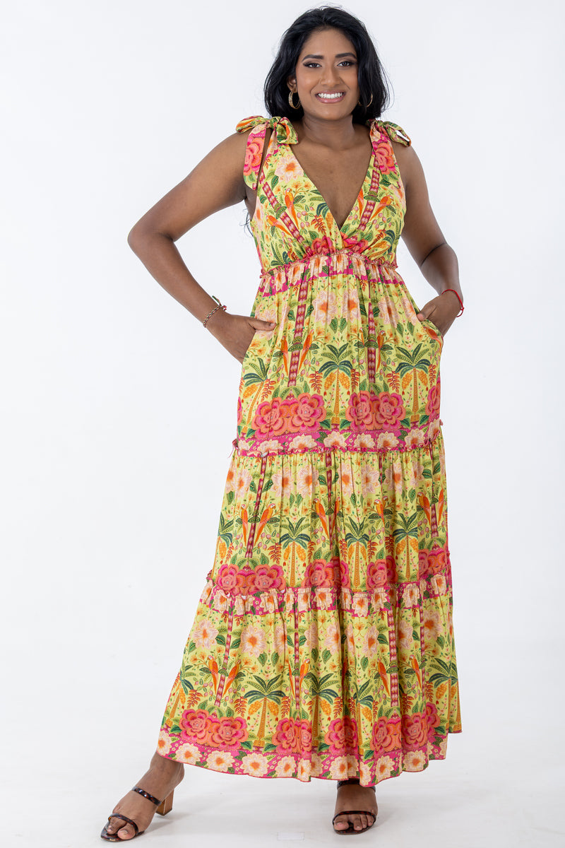 Tie Shoulder Maxi Tier Dress | Jaipur Garden