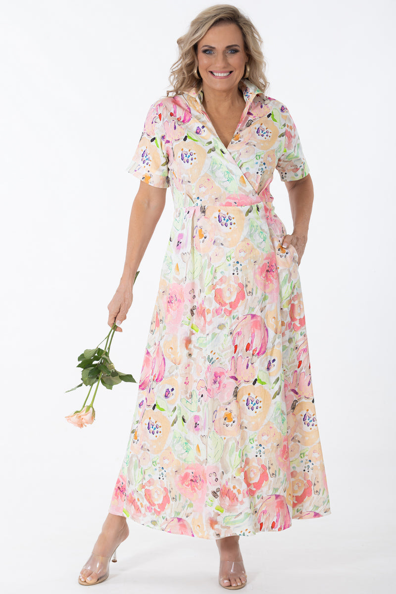 Maxi Wrap Linen Dress | Water Bouquet