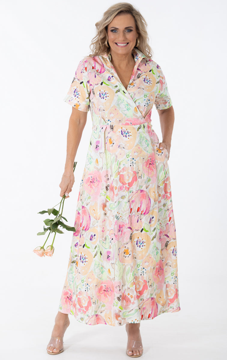 Maxi Wrap Linen Dress | Water Bouquet