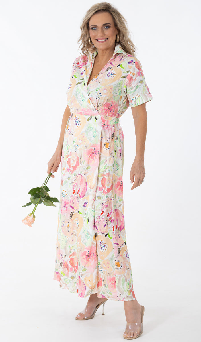Maxi Wrap Linen Dress | Water Bouquet