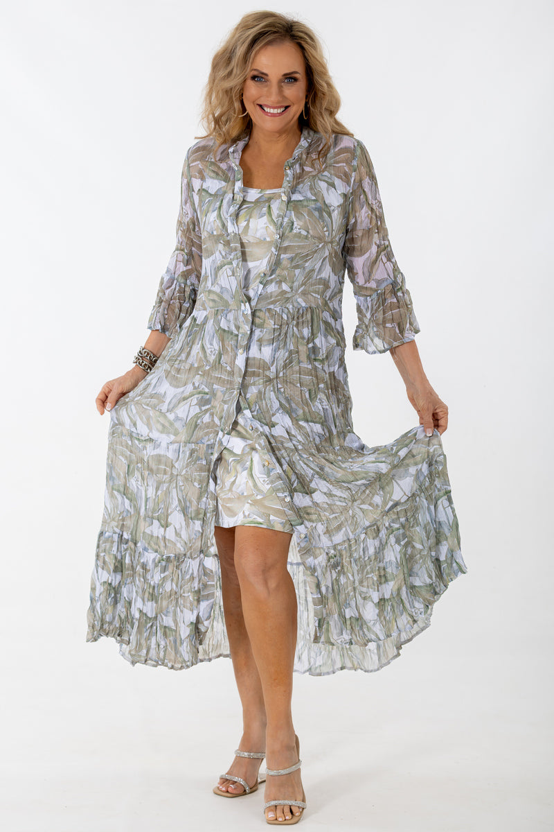 Sheer Scrunch Dress | Metallic Leaves