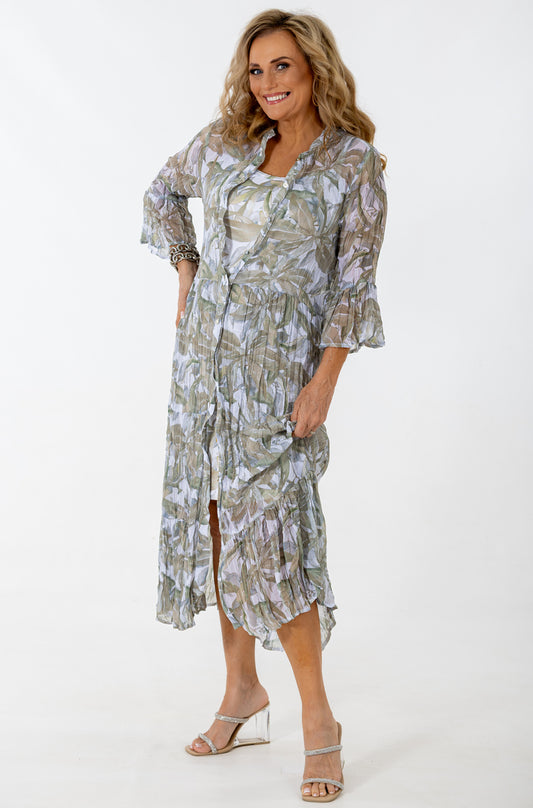 Sheer Scrunch Dress | Metallic Leaves