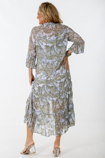 Sheer Scrunch Dress | Metallic Leaves