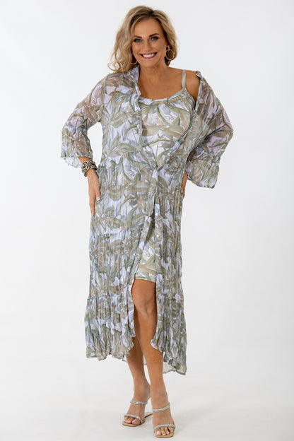 Sheer Scrunch Dress | Metallic Leaves