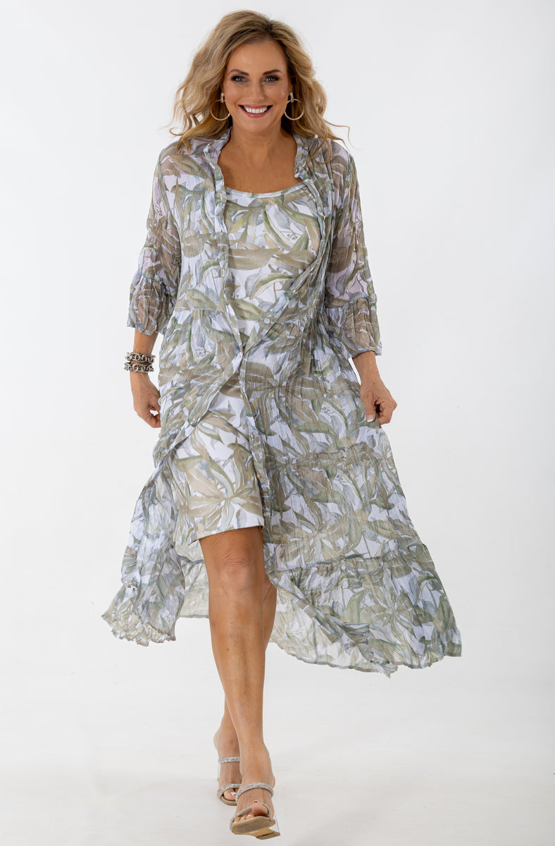 Sheer Scrunch Dress | Metallic Leaves