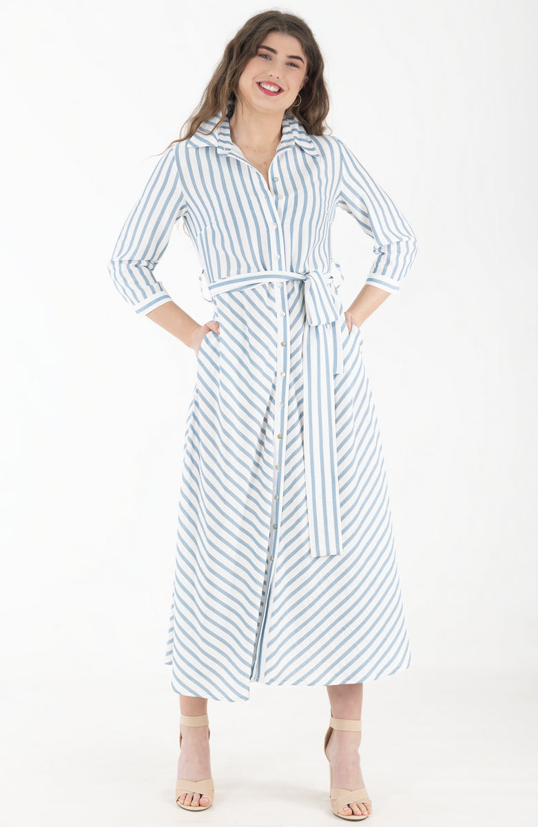 Diagonal Shirtwaist Dress – Blue Stripe