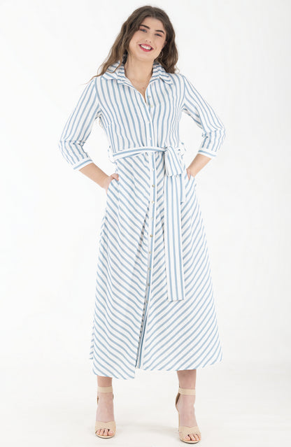 Diagonal Shirtwaist Dress – Blue Stripe