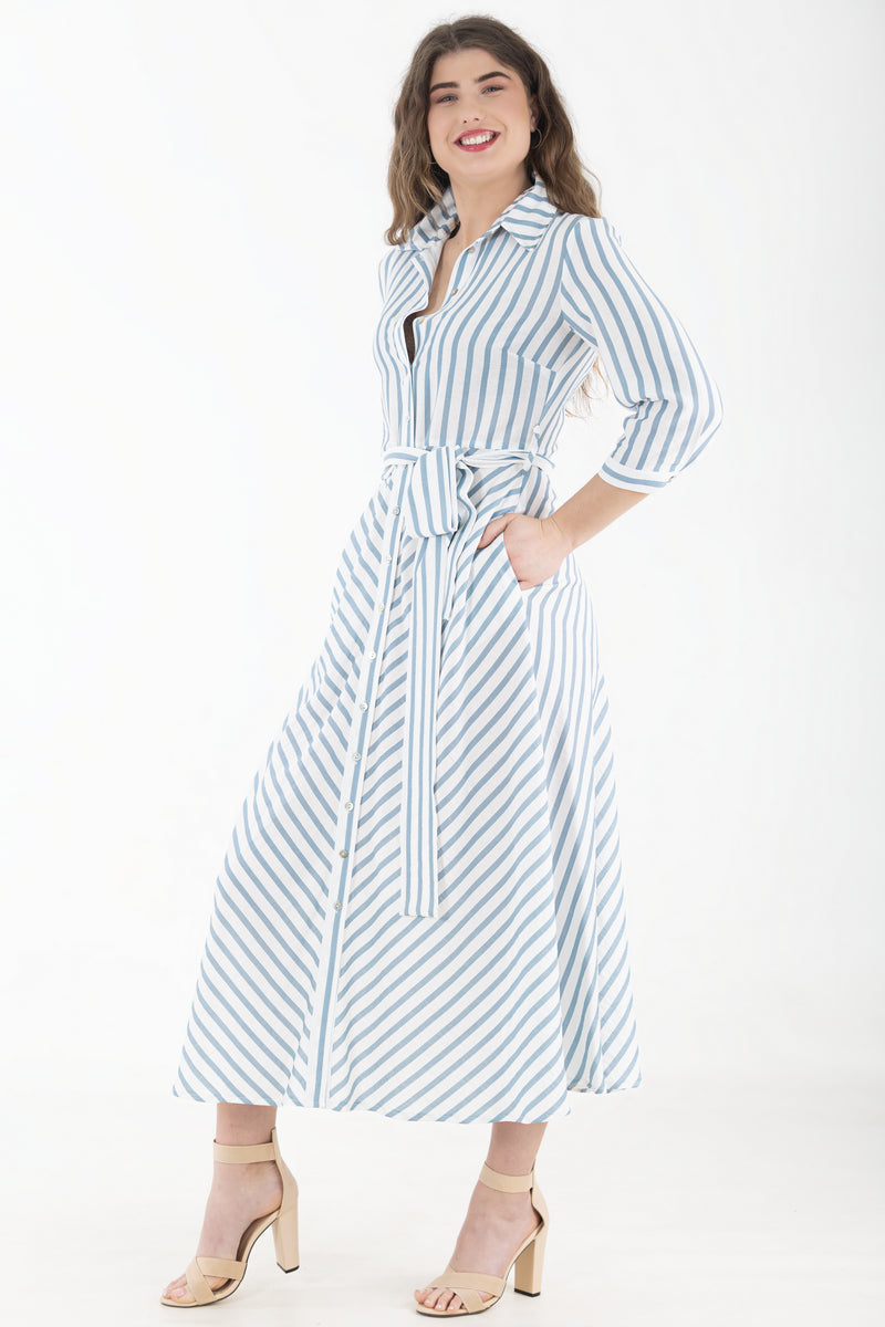 Diagonal Shirtwaist Dress – Blue Stripe – Calypso