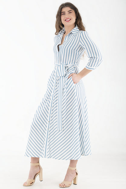 Diagonal Shirtwaist Dress – Blue Stripe