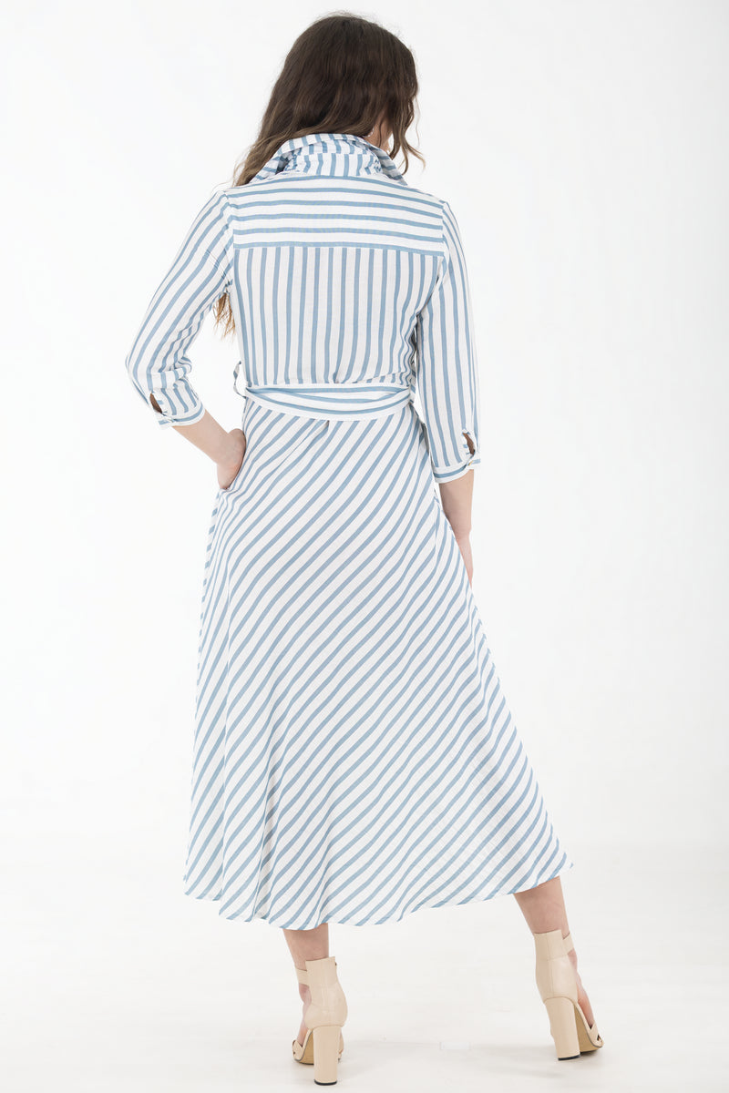 Diagonal Shirtwaist Dress – Blue Stripe