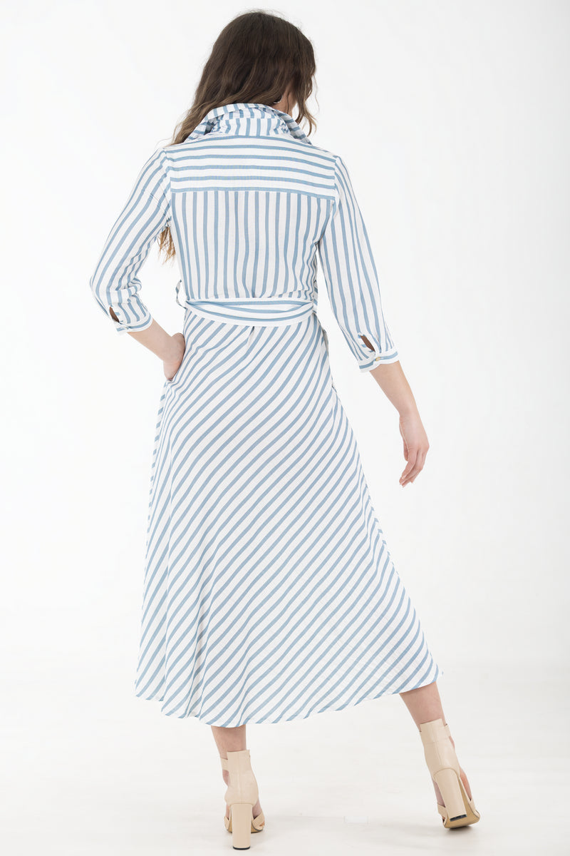 Diagonal Shirtwaist Dress – Blue Stripe – Calypso