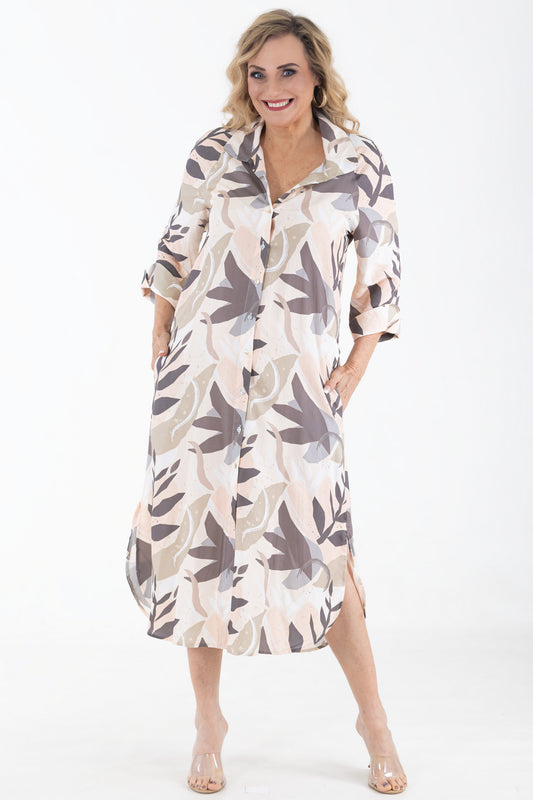 Raglan Button Through Maxi Dress | Abstract Floral