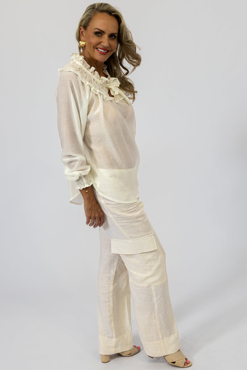 Romantic Ruched Neckline Blouse | Champagne