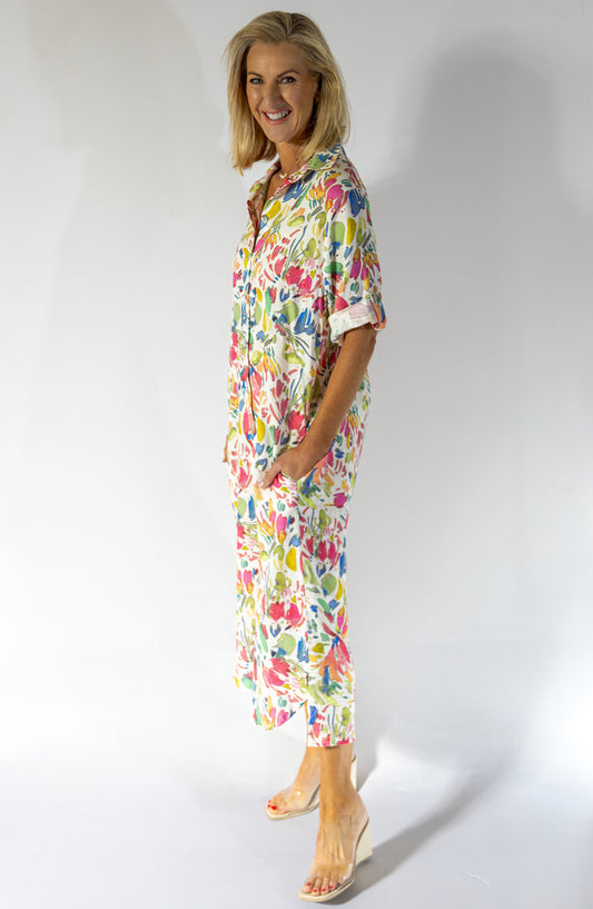 Maxi Button Through Dress | Water Floral