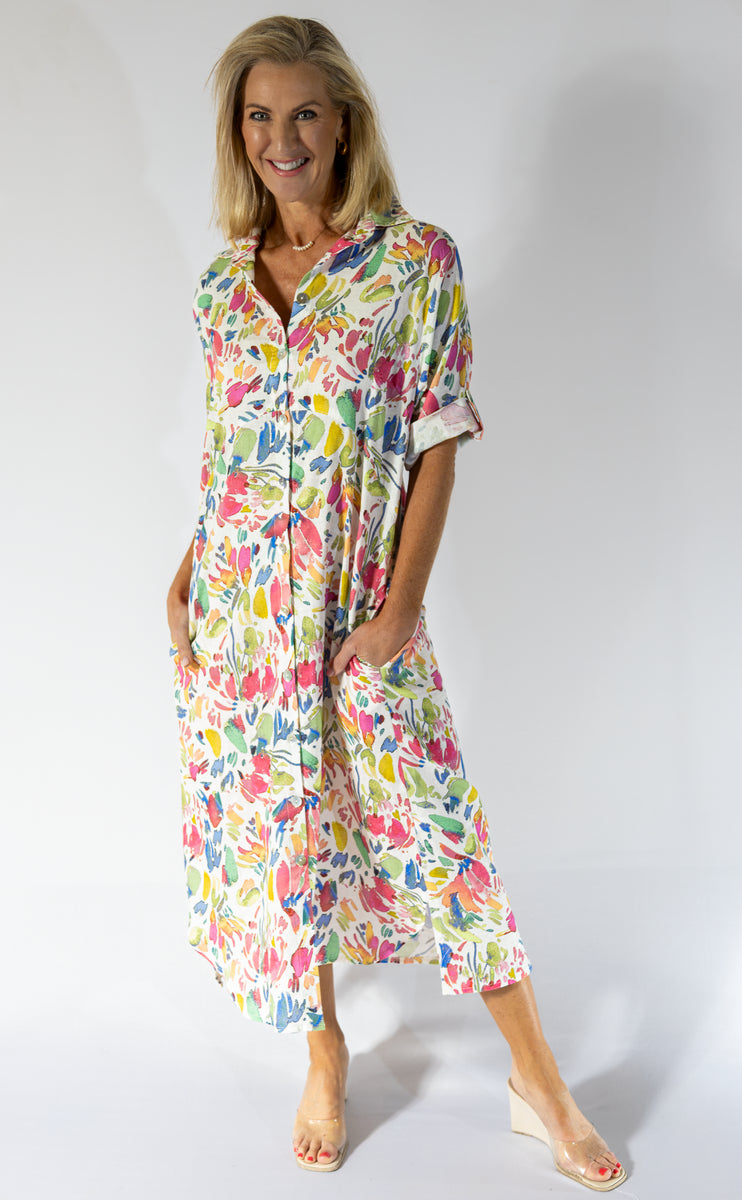 Maxi Button Through Dress | Water Floral