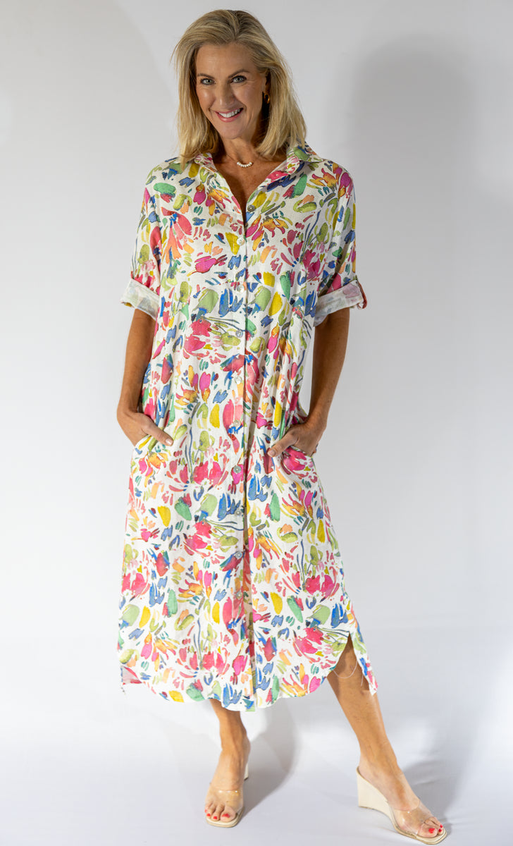 Maxi Button Through Dress | Water Floral