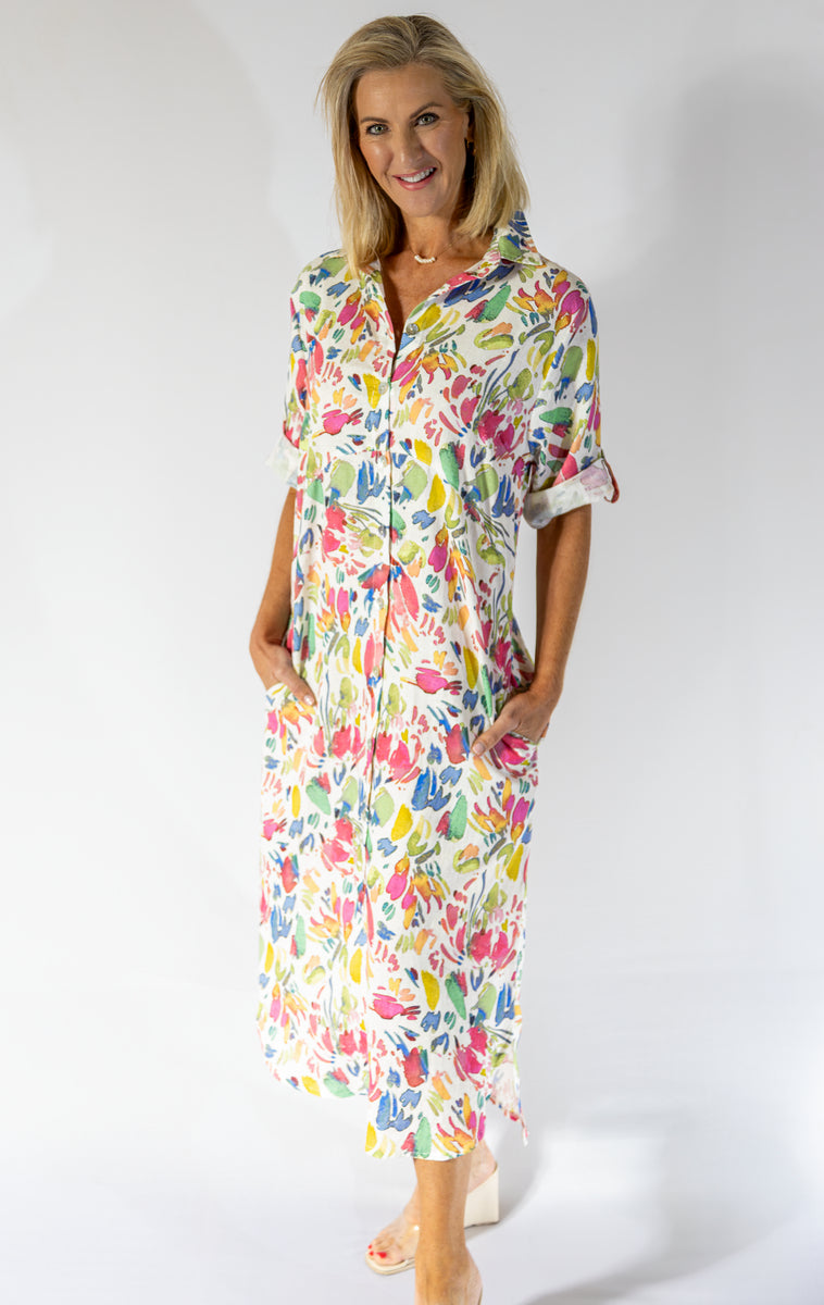 Maxi Button Through Dress | Water Floral