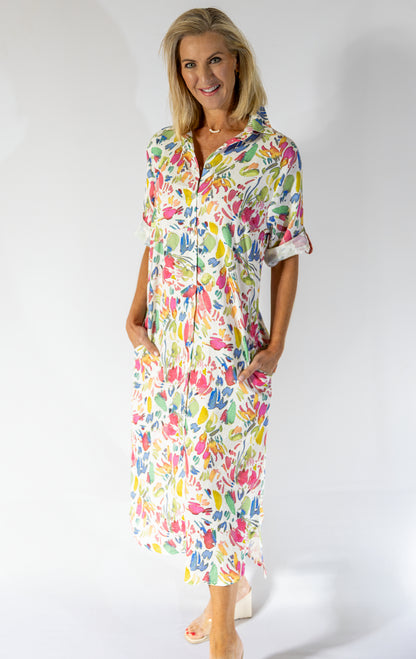 Maxi Button Through Dress | Water Floral