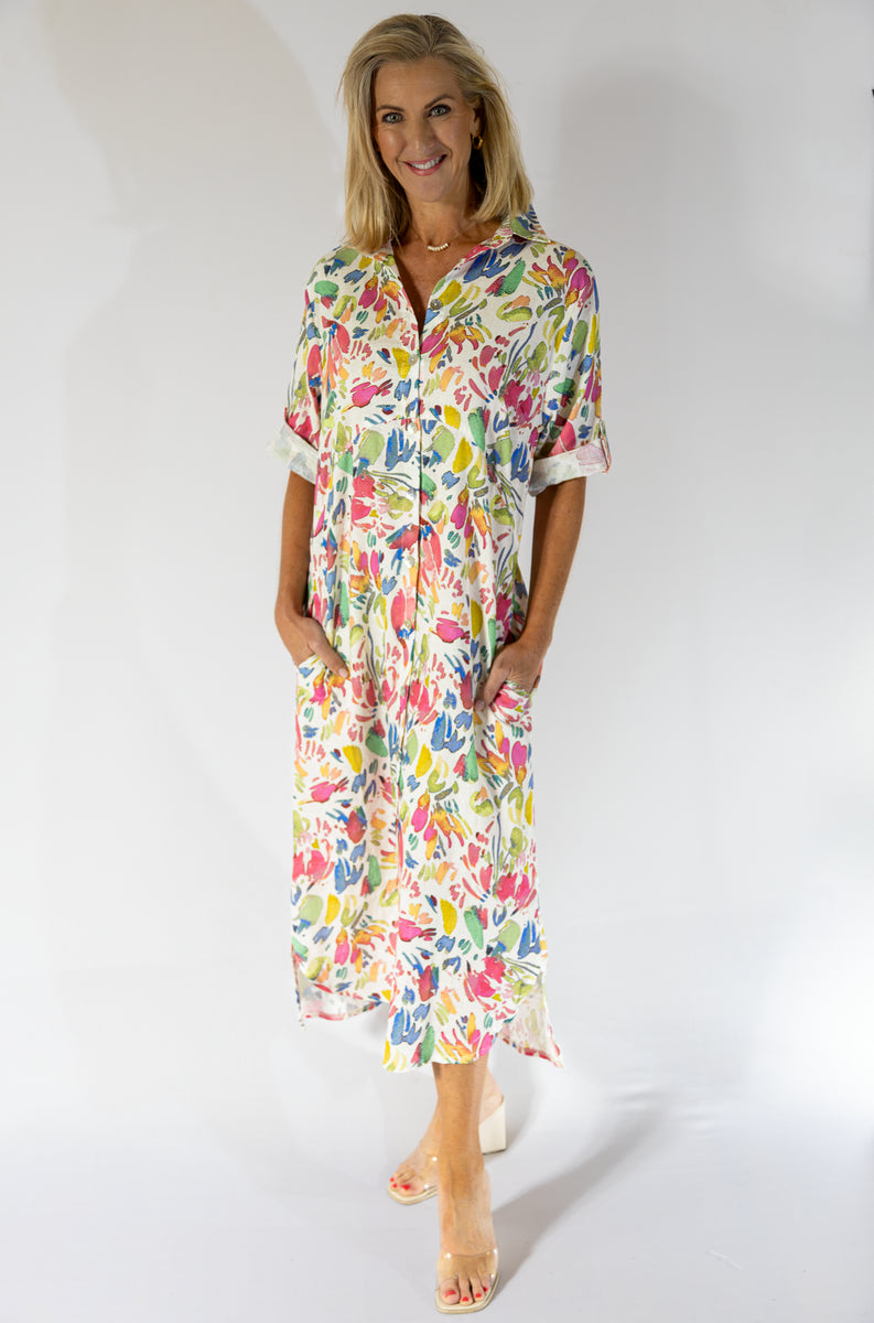 Maxi Button Through Dress | Water Floral