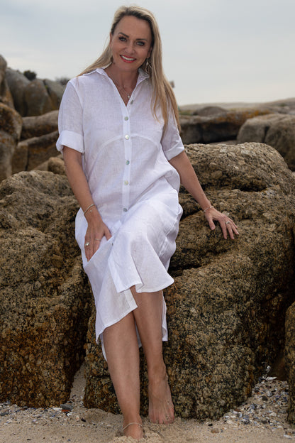 Shaped Button Through Maxi | White Linen