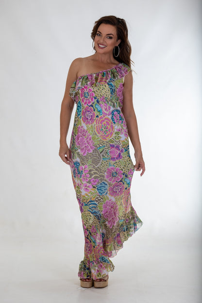 Sheer Asymmetric Maxi Flounce Dress