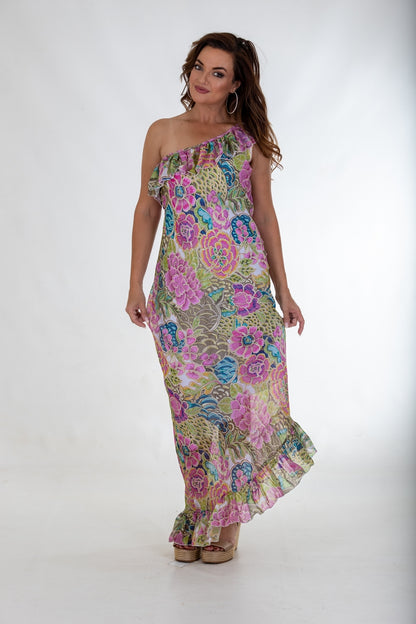 Sheer Asymmetric Maxi Flounce Dress