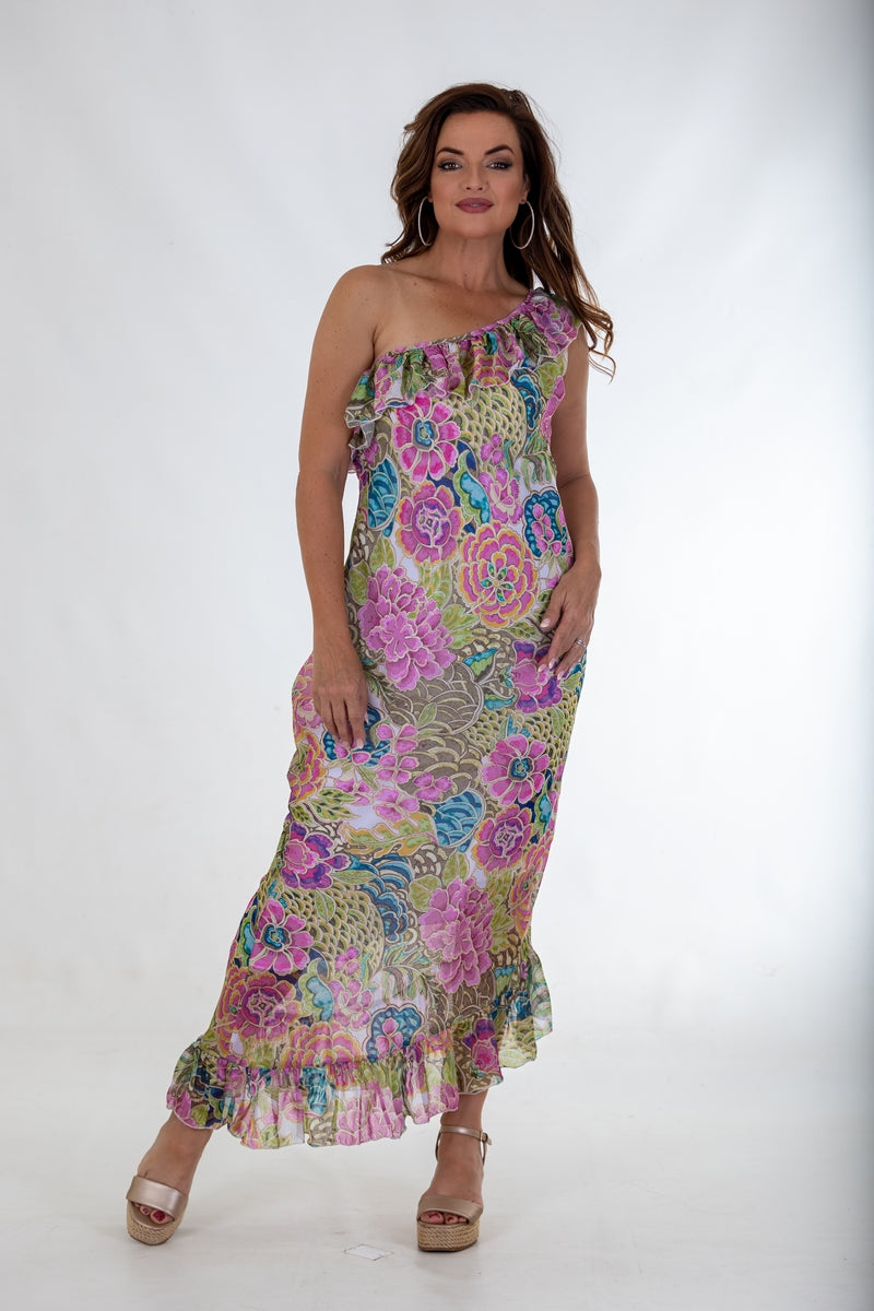 Sheer Asymmetric Maxi Flounce Dress