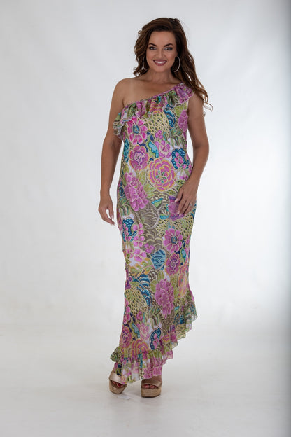 Sheer Asymmetric Maxi Flounce Dress