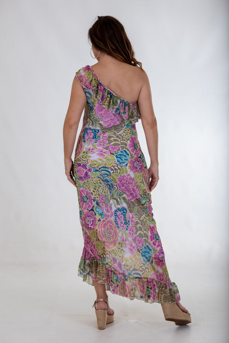 Sheer Asymmetric Maxi Flounce Dress