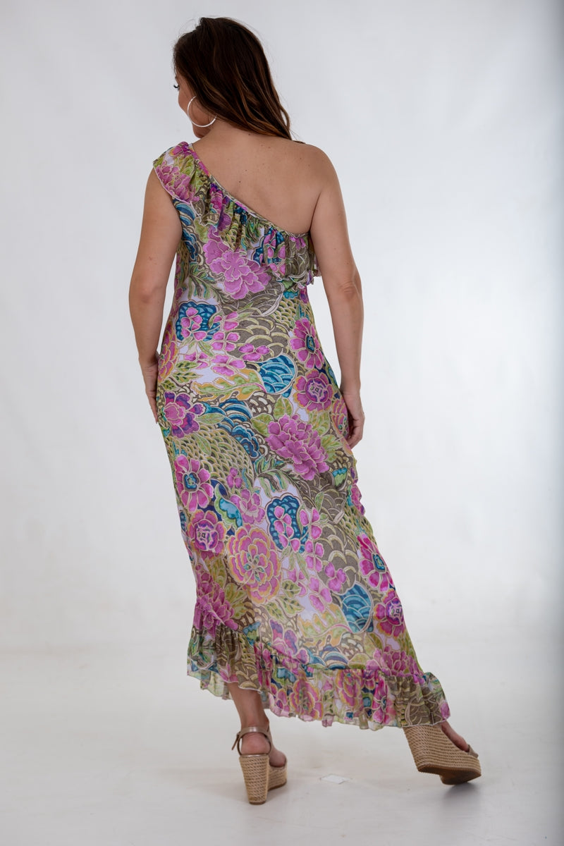 Sheer Asymmetric Maxi Flounce Dress