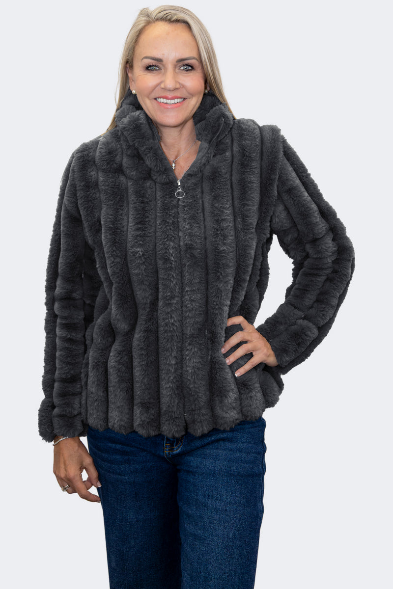 Black | Luxe Plush Faux Fur Zip Jacket