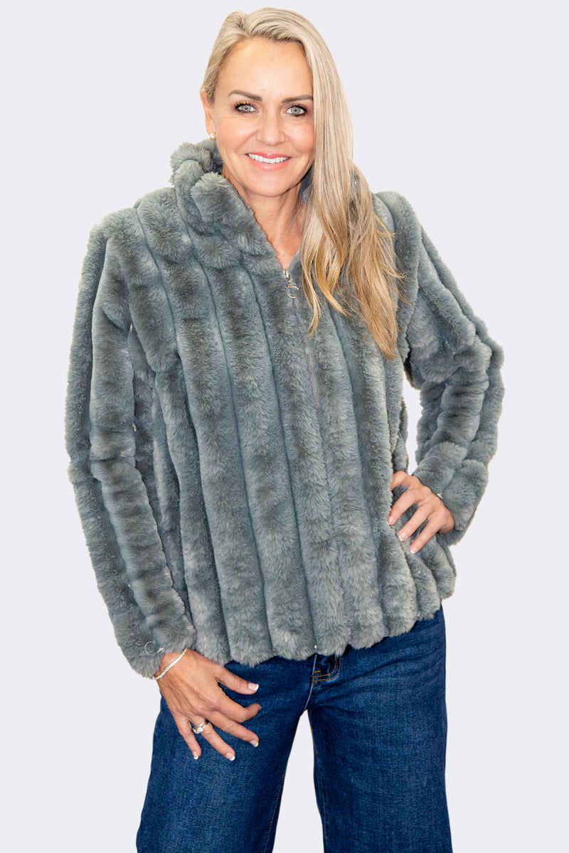 Sage | Luxe Plush Faux Fur Zip Jacket